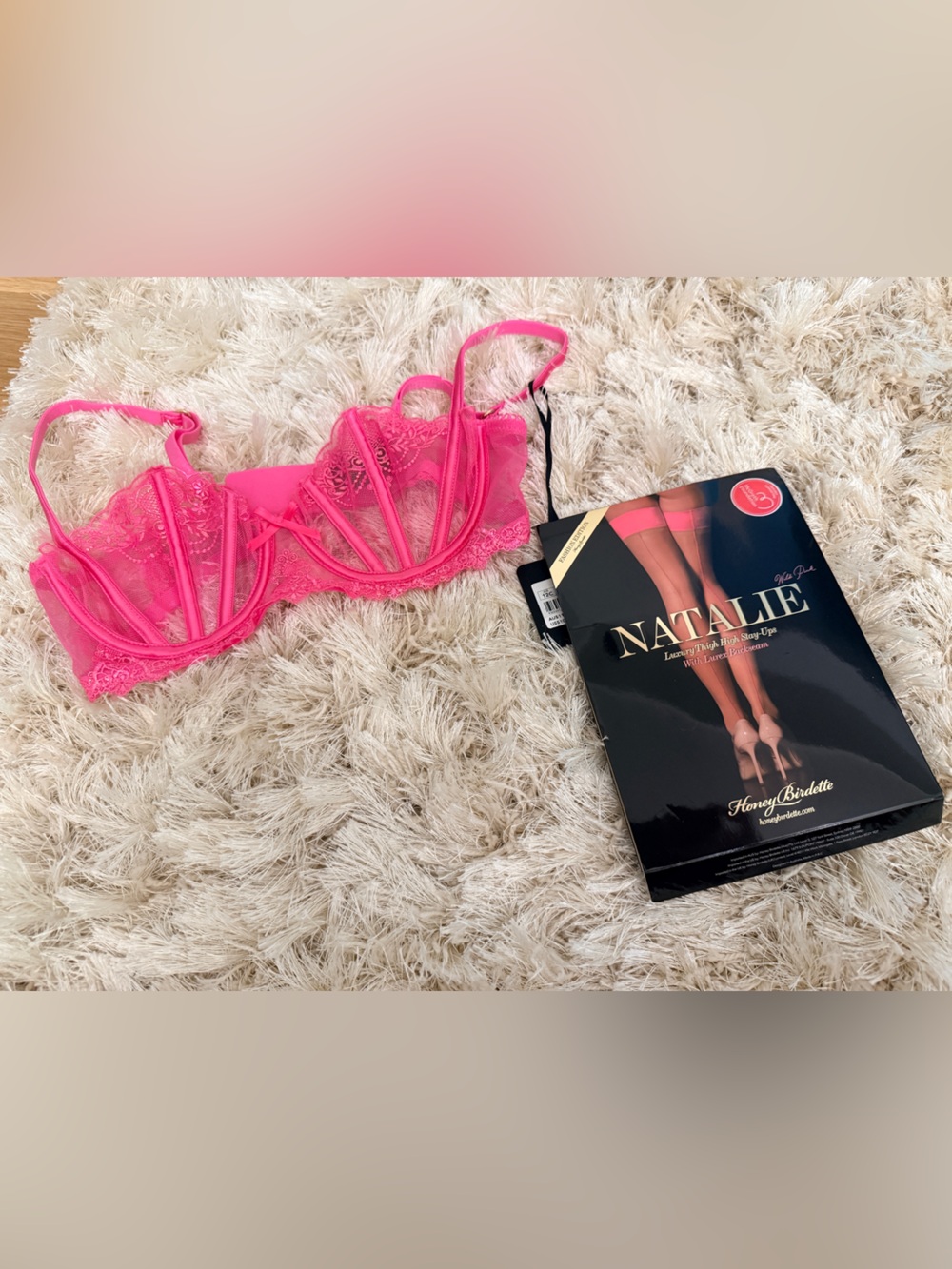Honey Birdette Women's Sheer pink bra and stocking set
